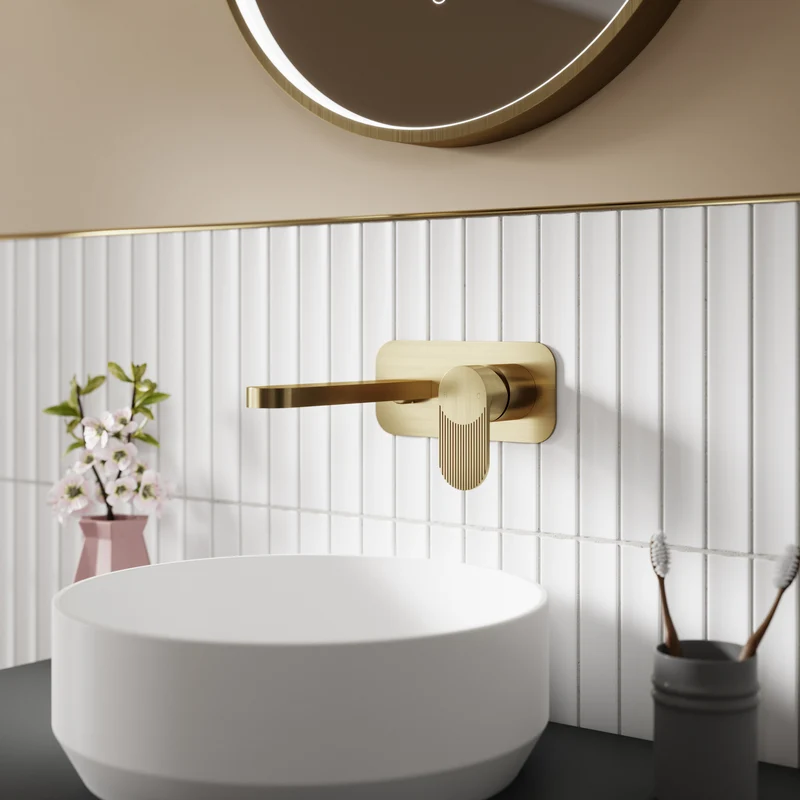 Capri Fluted Brushed Brass Wall Mounted 2 Tap Hole Basin Mixer Tap With Plate