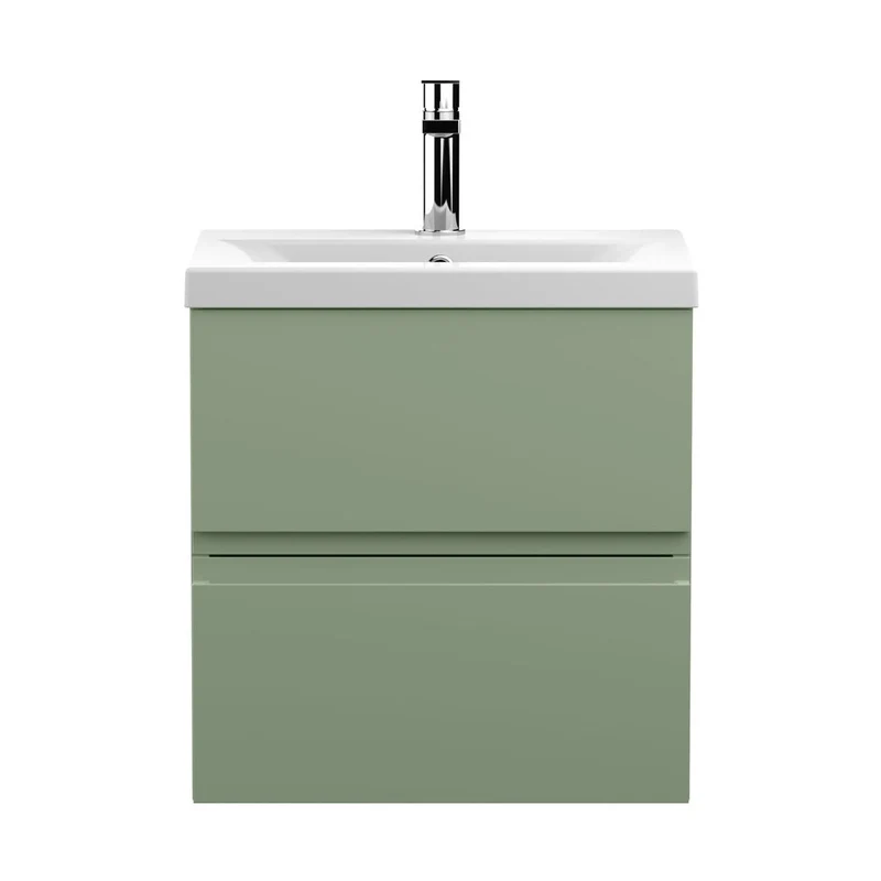 Hudson Reed Urban 500mm Wall Hung 2 Drawer Unit & Basin 1 Contemp Satin Green MFC Painted Matt 540x510x390mm