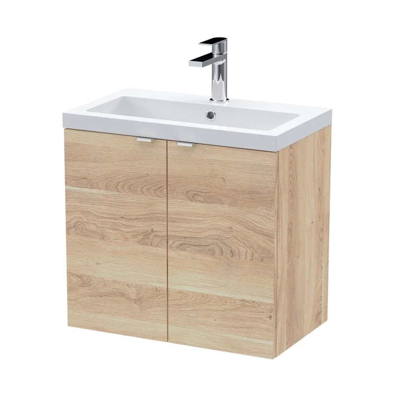 Hudson Reed Fusion 600mm 2-door Wall Hung Unit & Basin Contemp Bleached Oak MFC Textured Woodgrain 580x603x383mm