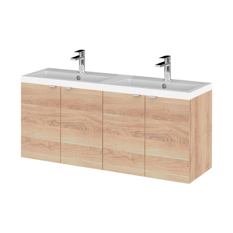 Hudson Reed Fusion 1200mm Wh 4-door Vanity & Double Basin Contemp Bleached Oak MFC Textured Woodgrain 580x1205x383mm - CBI3033