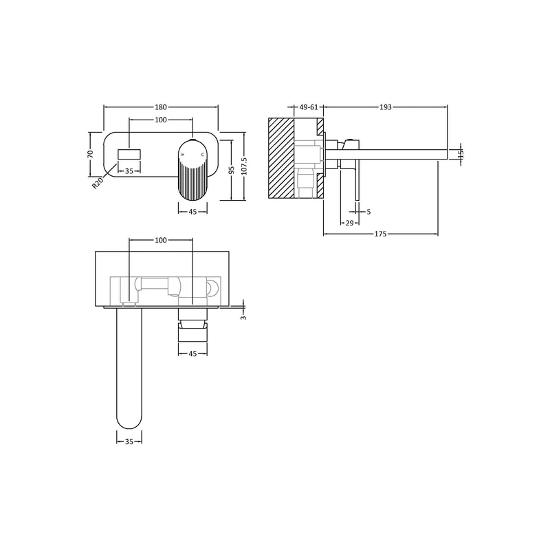 Capri Fluted Matt Black Wall Mounted 2 Hole Basin Mixer Tap With Plate