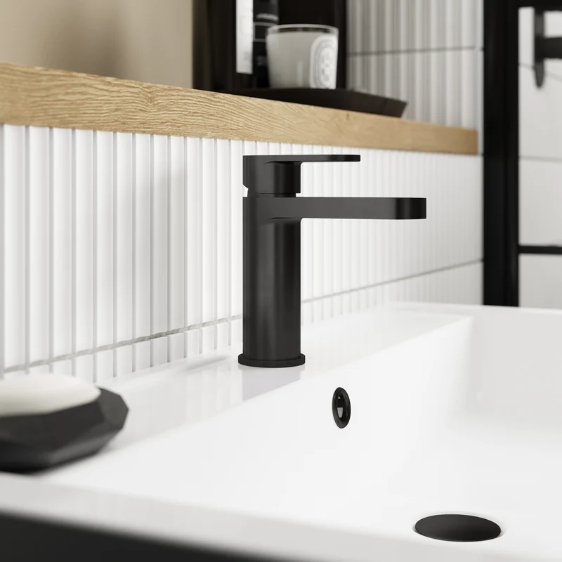 Capri Matt Black Basin Mixer Tap With Push Button Waste