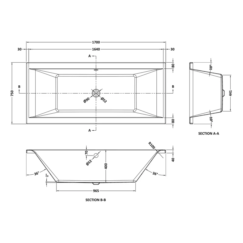 Eternalite Reinforced Square Double Ended Bath - 1700 x 750mm