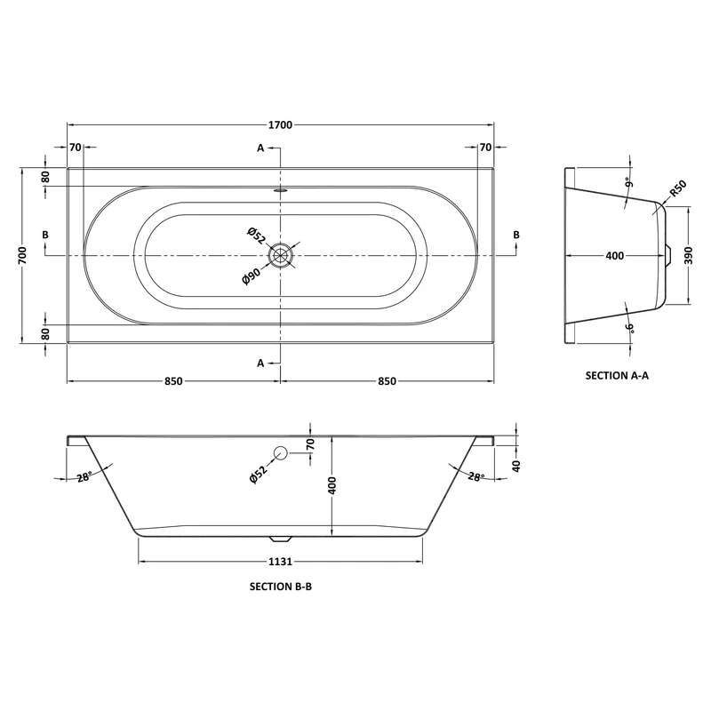 Eternalite Reinforced Round Double Ended Bath - 1700 x 700mm