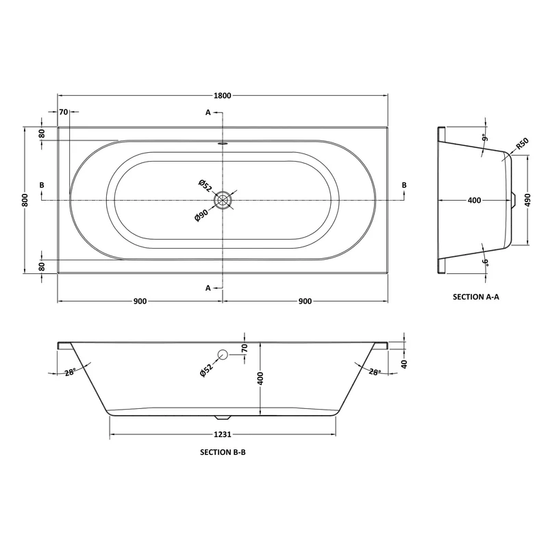 Eternalite Reinforced Round Double Ended Bath - 1800 x 800mm