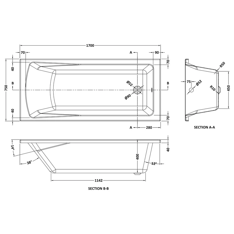 Eternalite Reinforced Square Single Ended Bath - 1700 x 750mm