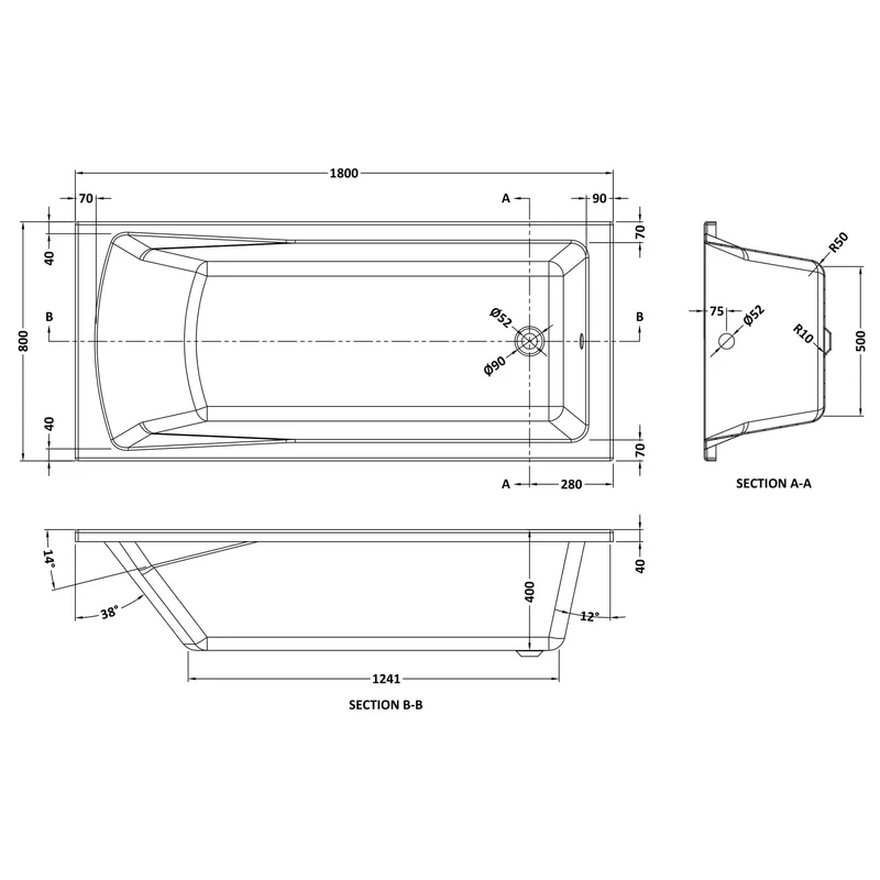Eternalite Reinforced Square Single Ended Bath - 1800 x 800mm