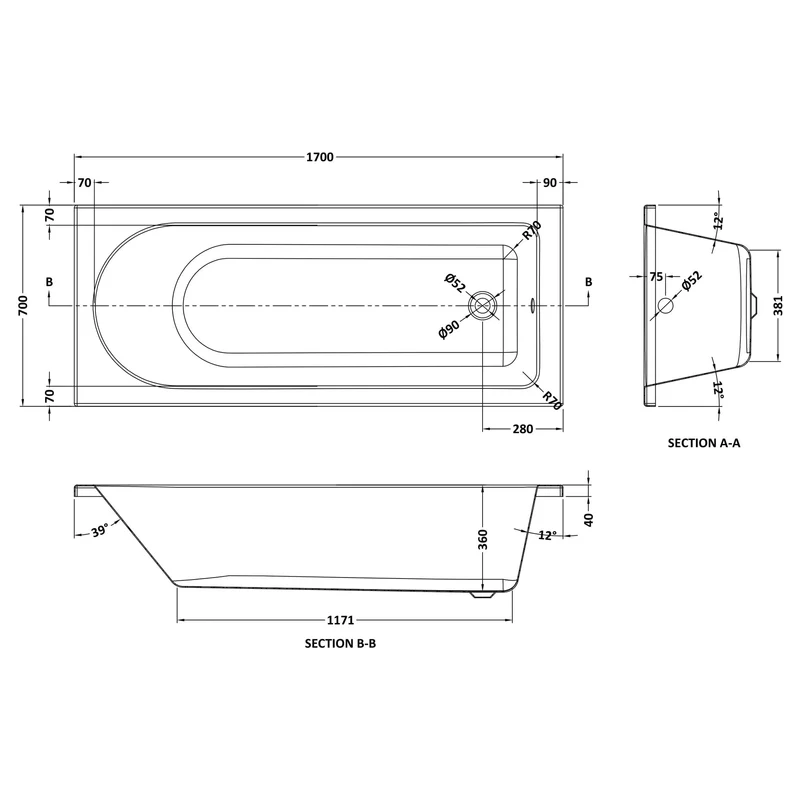 Eternalite Reinforced Round Single Ended Bath - 1700 x 700mm