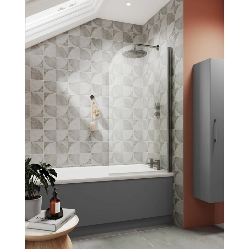 Nuie Round Bath Screen - 6mm Contemporary Brushed Pewter Aluminium 1430x790x24mm