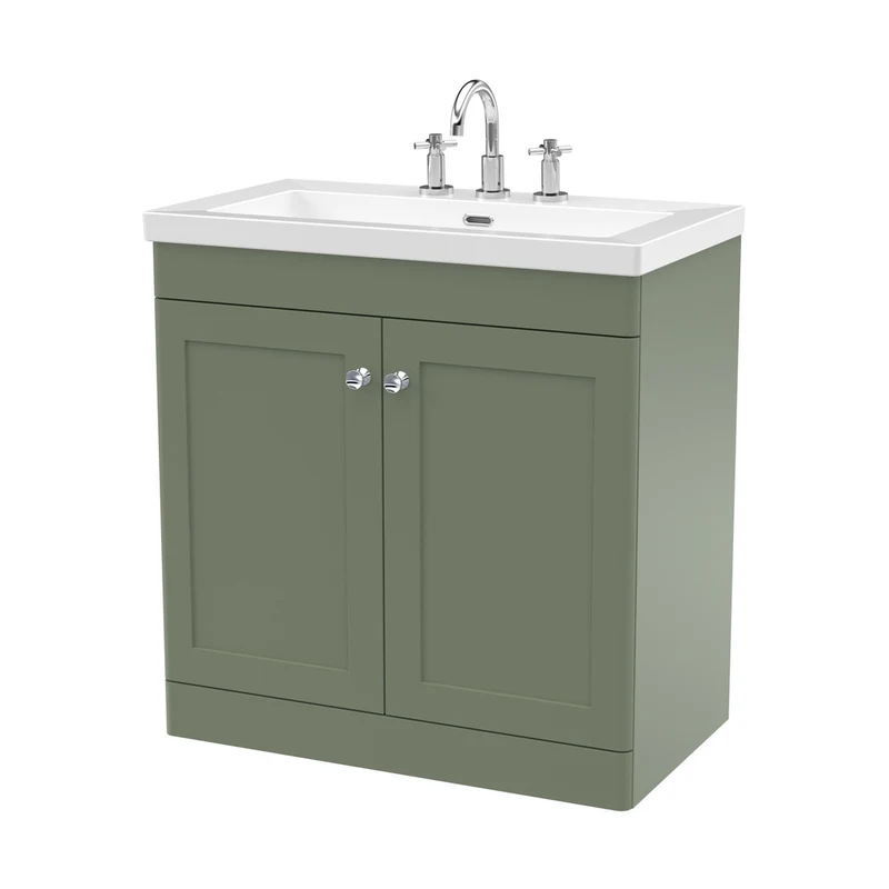 Nuie Classique 800mm Floor Standing 2-door Vanity With Basin - 3 Tap Hole Traditional Satin Green Fireclay 845x813x462mm