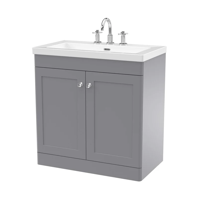 Nuie Classique 800mm Floor Standing 2-door Vanity With Basin - 3 Tap Hole Traditional Satin Grey Fireclay 845x813x462mm