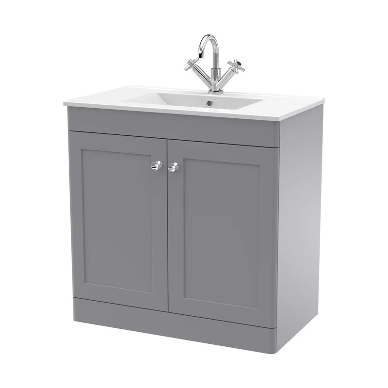 Nuie Classique 800mm Floor Standing 2-door Vanity With Basin - 1 Tap Hole Traditional Satin Grey Vitreous China 818x805x460mm