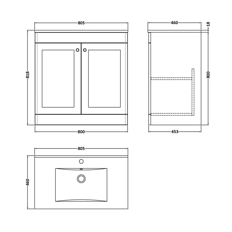 Nuie Classique 800mm Floor Standing 2-door Vanity With Basin - 1 Tap Hole Traditional Satin Grey Vitreous China 818x805x460mm