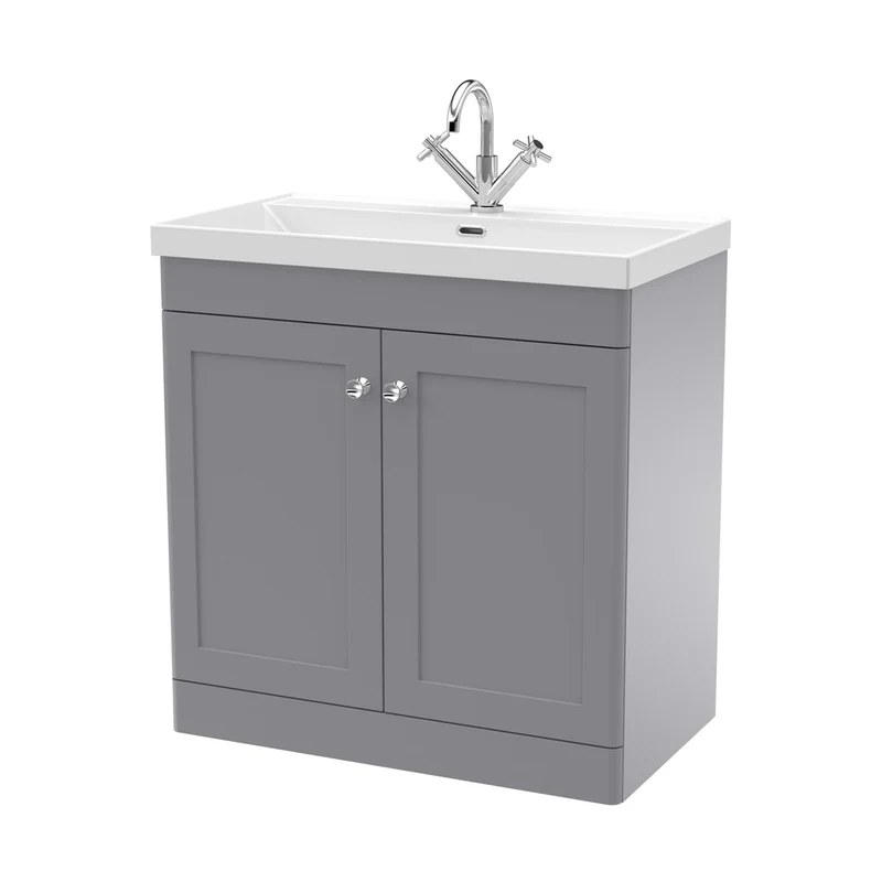 Nuie Classique 800mm Floor Standing 2-door Vanity With Basin - 1 Tap Hole Traditional Satin Grey Vitreous China 818x810x460mm