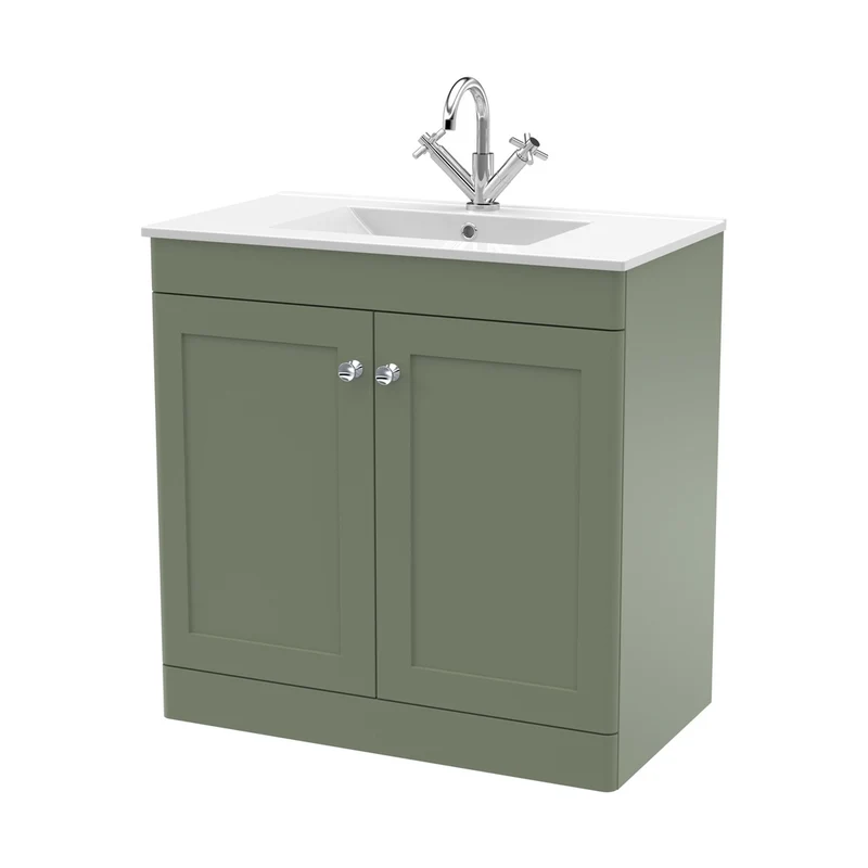 Nuie Classique 800mm Floor Standing 2-door Vanity With Basin - 1 Tap Hole Traditional Satin Green Vitreous China 818x805x460mm