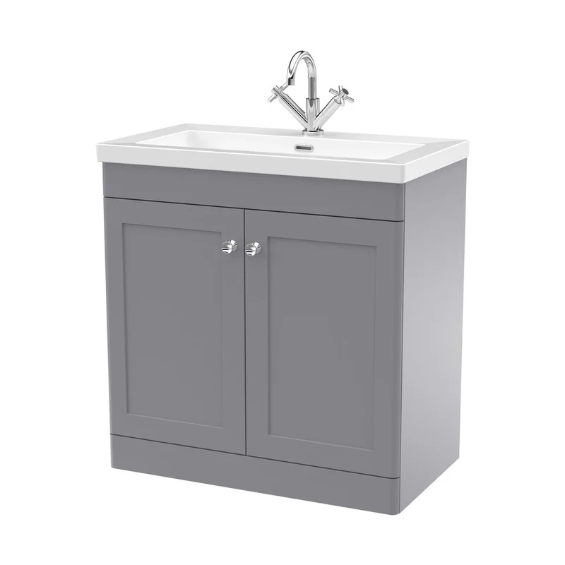 Nuie Classique 800mm Floor Standing 2-door Vanity With Basin - 1 Tap Hole Traditional Satin Grey Fireclay 845x813x462mm