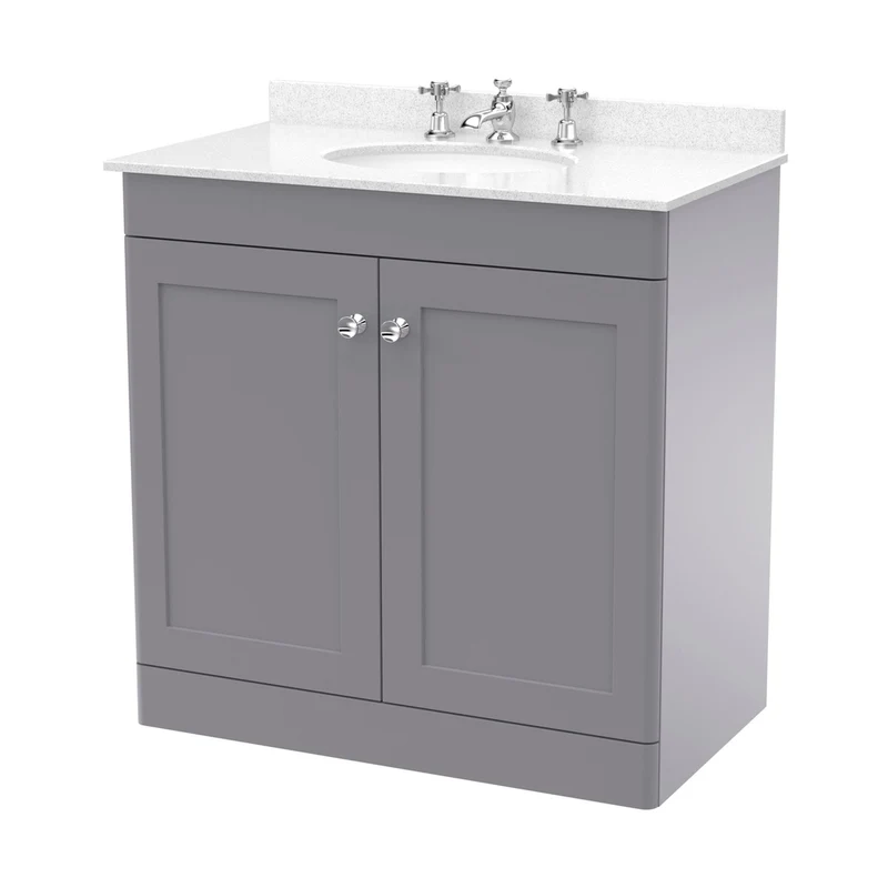 Nuie Classique 800mm Floor Standing 2 Door Vanity & Marble Top 3th Traditional Satin Grey MFC Painted Matt 814x820x463mm - CLC226WR3