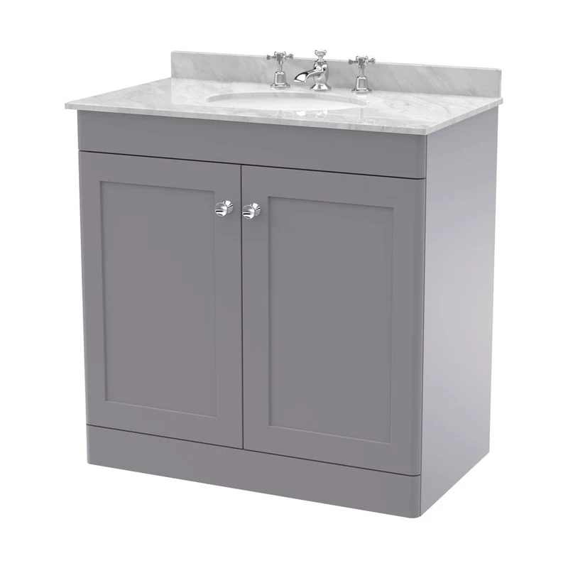 Nuie Classique 800mm Floor Standing 2 Door Vanity & Marble Top 3th Traditional Satin Grey MFC Painted Matt 814x820x463mm - CLC226GR3
