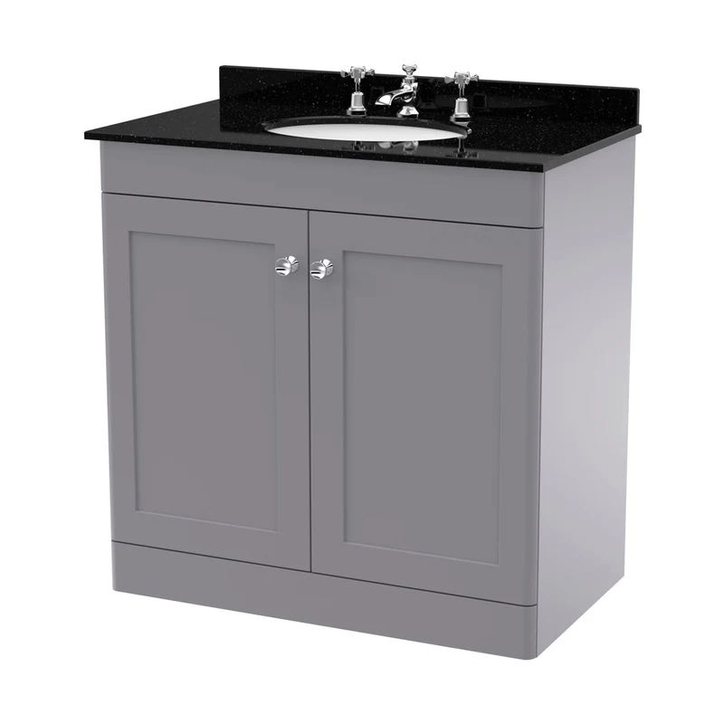 Nuie Classique 800mm Floor Standing 2 Door Vanity & Marble Top 3th Traditional Satin Grey MFC Painted Matt 814x820x463mm - CLC226BR3