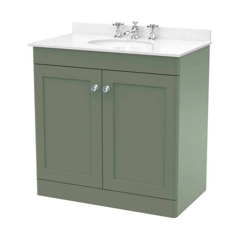 Nuie Classique 800mm Floor Standing 2 Door Vanity & Marble Top 3th Traditional Satin Green MFC Painted Matt 814x820x463mm - CLC826WR3