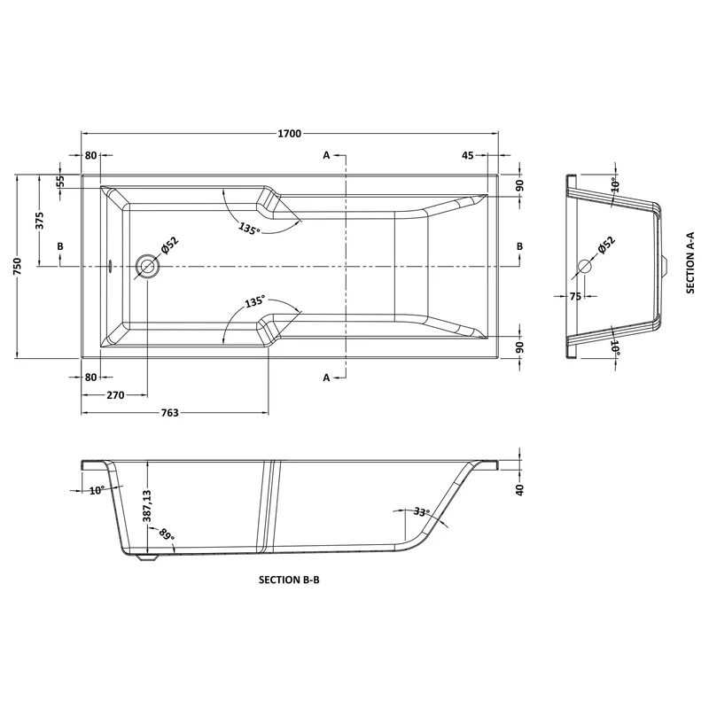 Eternalite Reinforced Square Straight Shower Bath - 1700 x 750mm