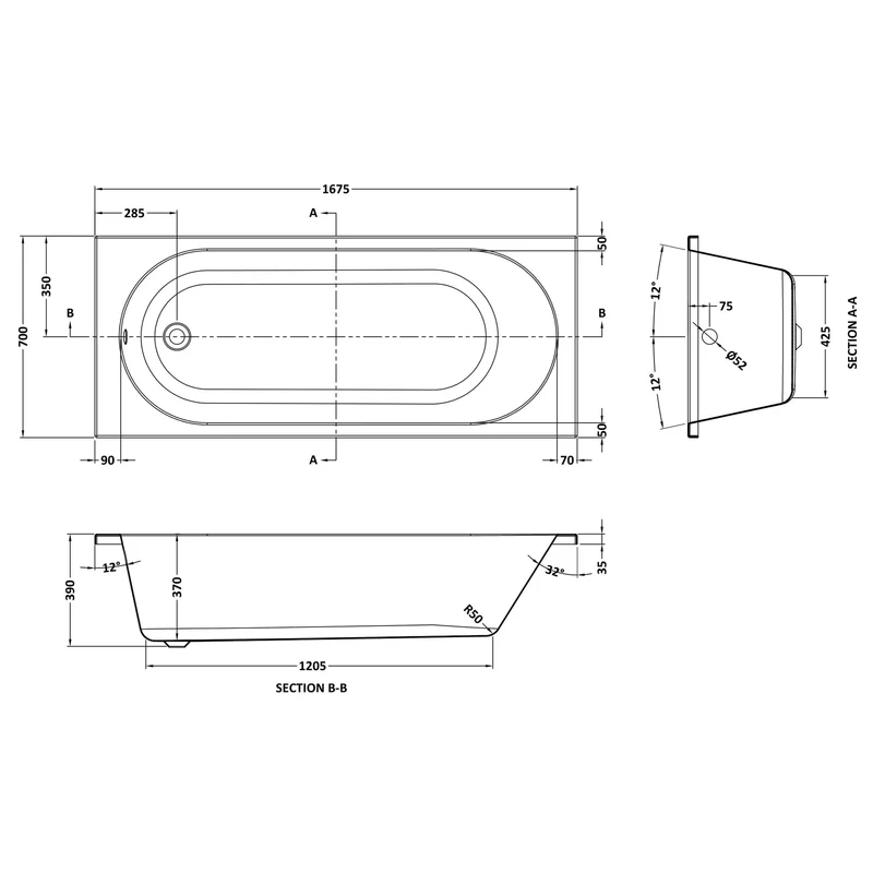 Round Single Ended Straight Bath - 1675 x 700mm