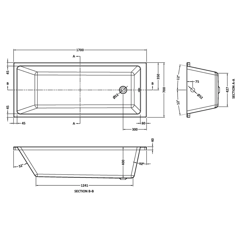 Thin Edge Square Single Ended Bath - 1700 x 700mm