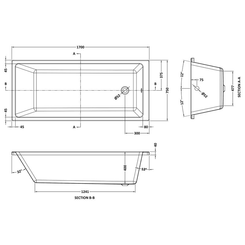 Thin Edge Square Single Ended Bath - 1700 x 750mm