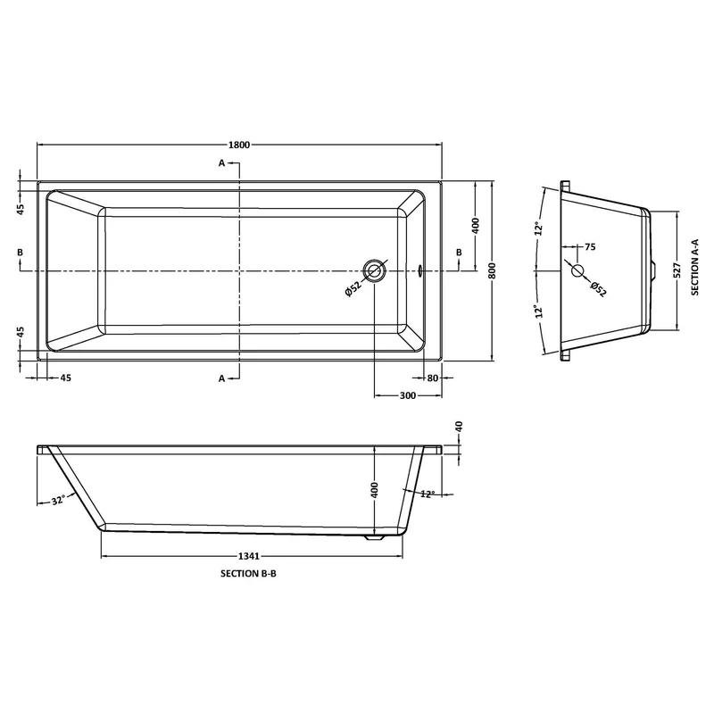 Thin Edge Square Single Ended Bath - 1800 x 800mm