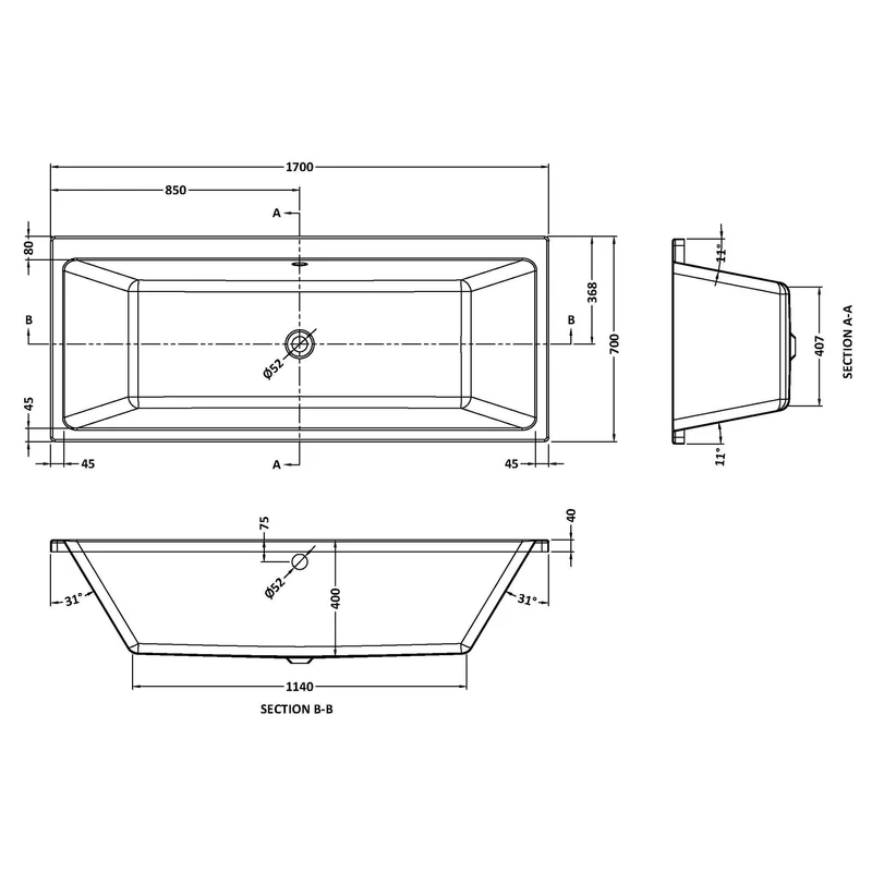 Thin Edge Square Double Ended Bath - 1700 x 700mm