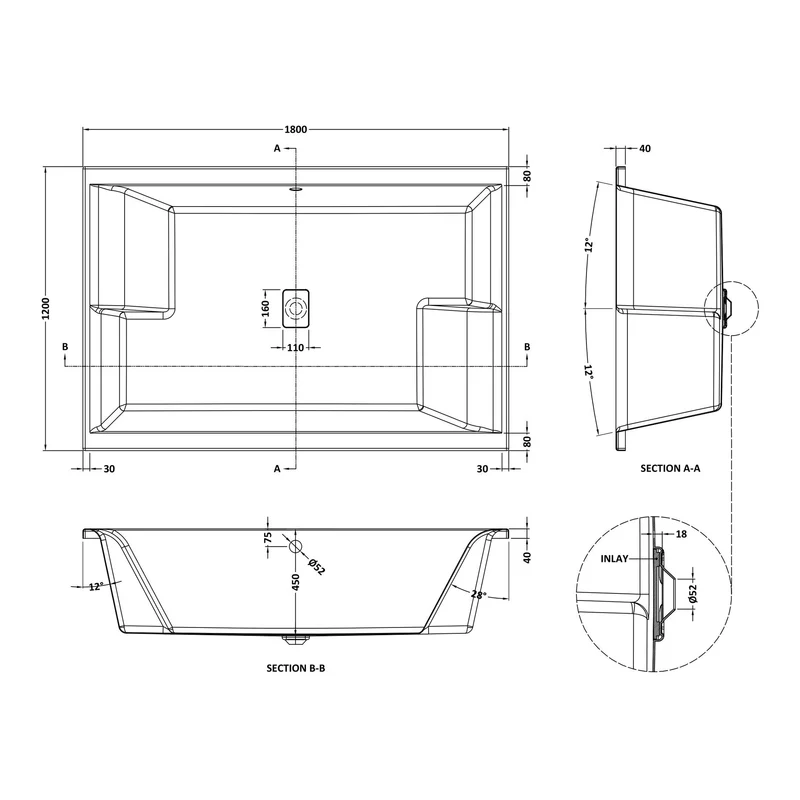 Double Ended Inset Spa Bath - 1800 x 1200mm