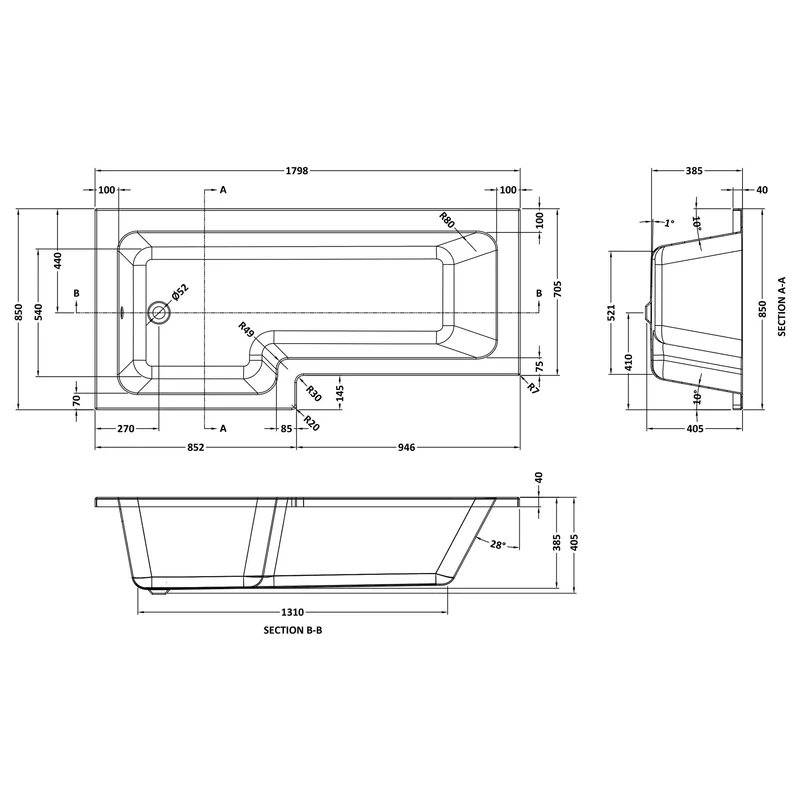 Square Shower Bath - 1800mm x 850mm, Left Hand