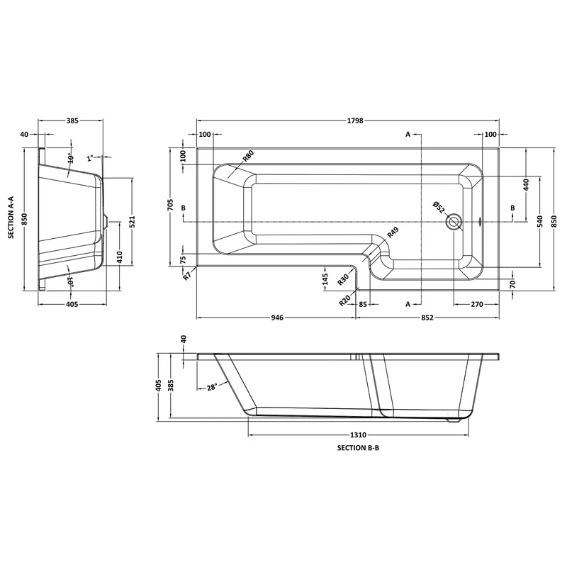 Square Shower Bath - 1800mm x 850mm, Right Hand