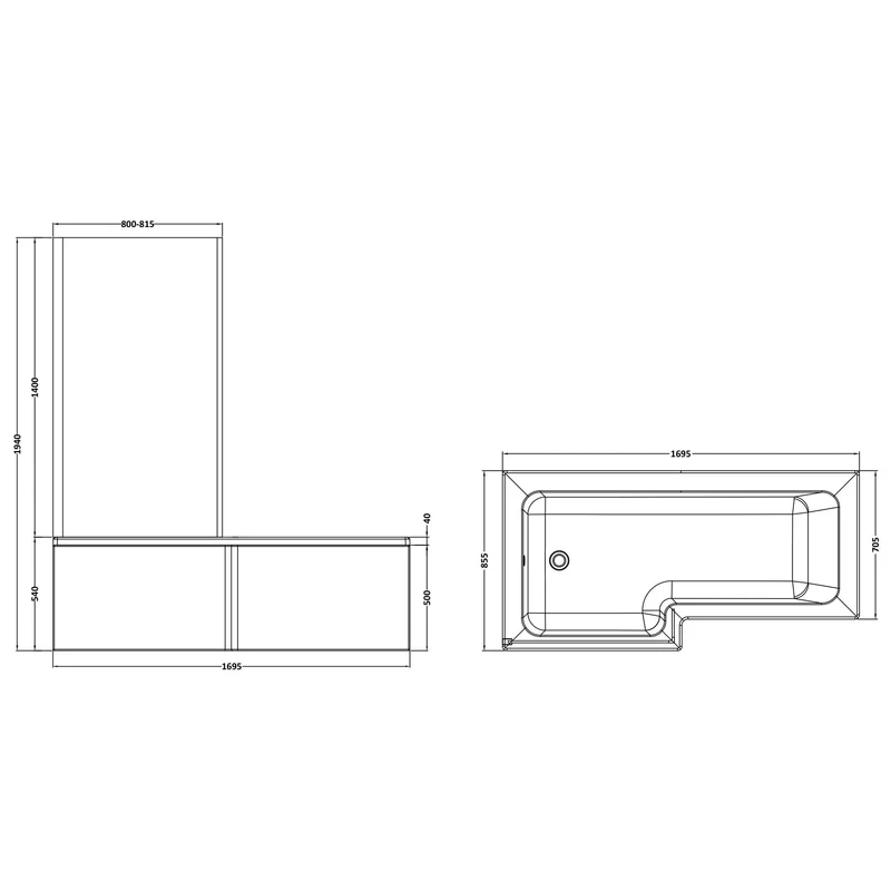 Square Shower Bath With Chrome Shower Screen & Panel - 1700mm x 850mm, Left Hand