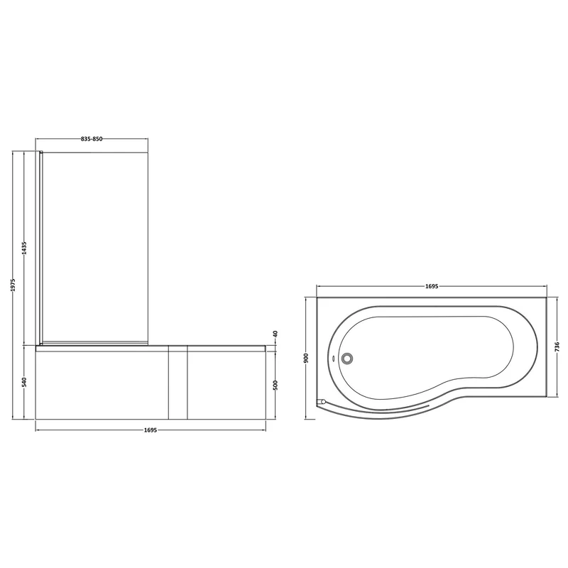 B-Shaped Shower Bath With Chrome Shower Screen & Panel - 1700mm x 900mm, Left Hand