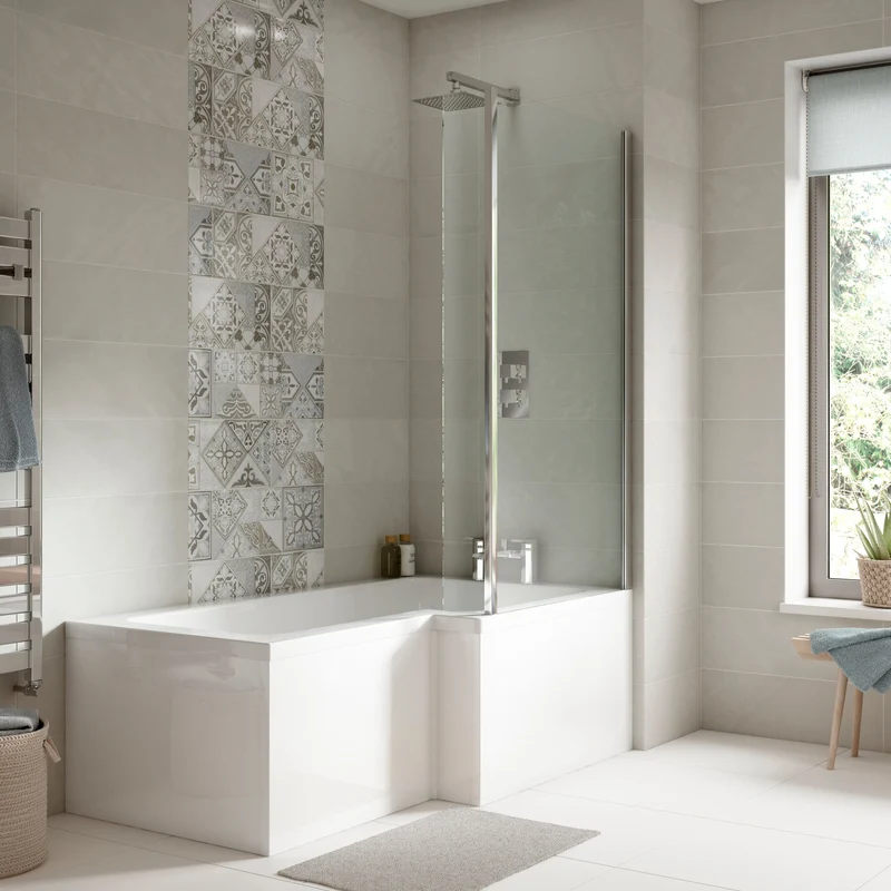 Square Shower Bath With Chrome Shower Screen & Panel - 1700mm x 850mm, Right Hand