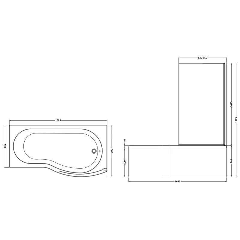 B-Shaped Shower Bath With Chrome Shower Screen & Panel - 1700mm x 900mm, Right Hand