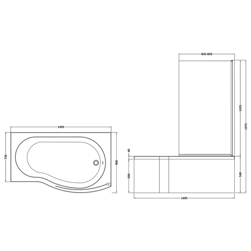 B-Shaped Shower Bath With Chrome Shower Screen & Panel - 1500mm x 900mm, Right Hand
