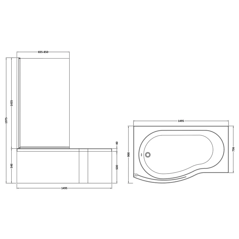 B-Shaped Shower Bath With Chrome Shower Screen & Panel - 1500mm x 900mm, Left Hand