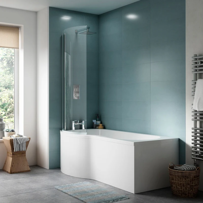 P-Shaped Shower Bath, Chrome Shower Screen & Panel - 1700mm x 850mm, Left Hand