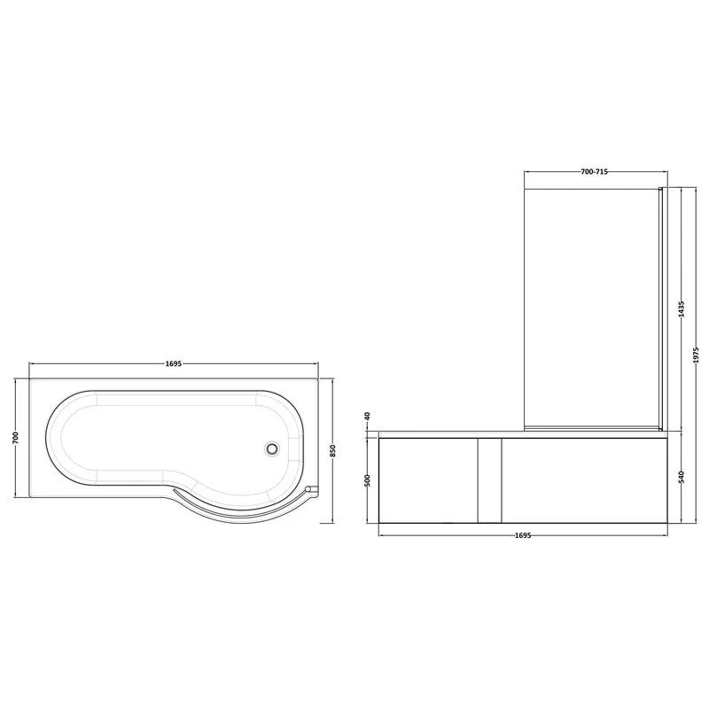 P-Shaped Shower Bath, Chrome Shower Screen & Panel - 1700mm x 850mm, Right Hand