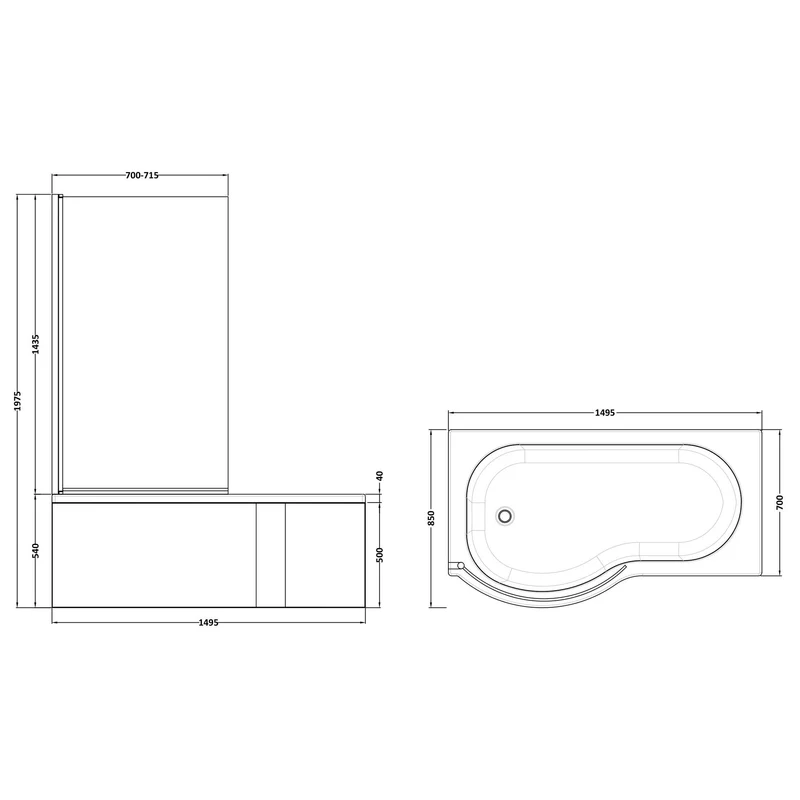 P-Shaped Shower Bath, Chrome Shower Screen & Panel - 1500mm x 850mm, Left Hand