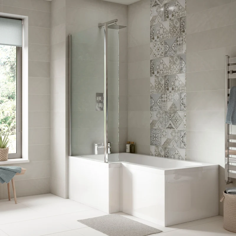 Square Shower Bath With Chrome Shower Screen & Panel - 1500mm x 850mm, Left Hand