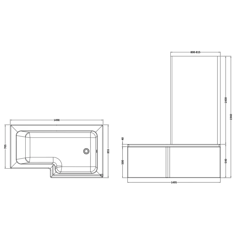 Square Shower Bath With Chrome Shower Screen & Panel - 1500mm x 850mm, Right Hand