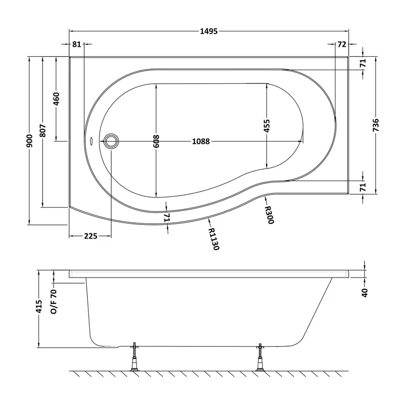 B-Shaped Shower Bath - 1500mm x 900mm, Left Hand