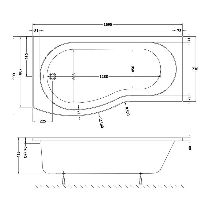 B-Shaped Shower Bath - 1700mm x 900mm, Left Hand