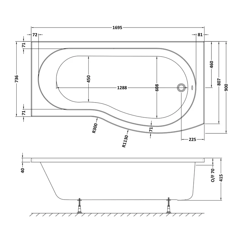 B-Shaped Shower Bath - 1700mm x 900mm, Right Hand
