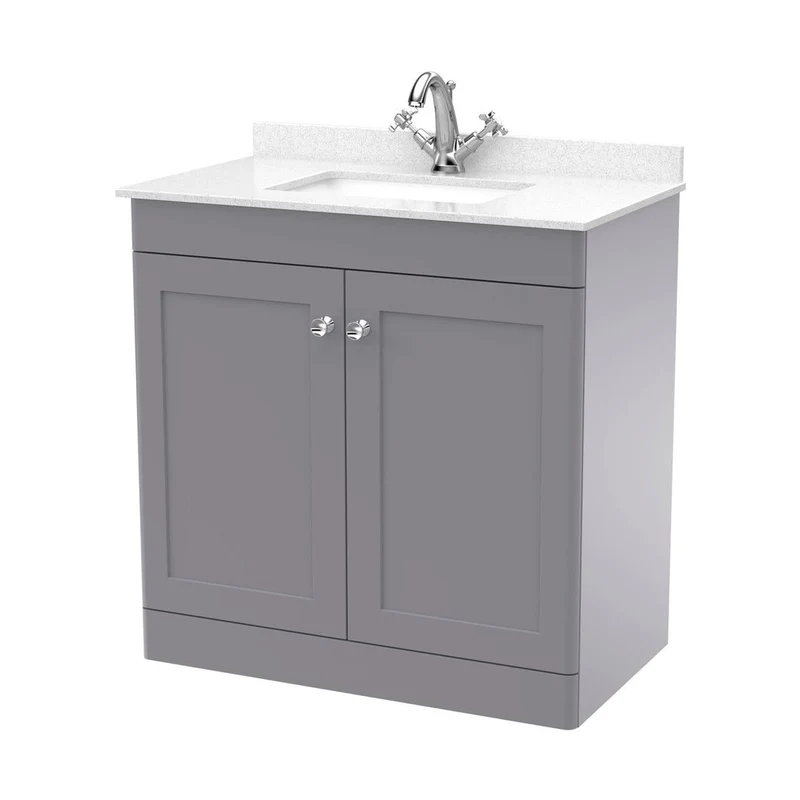 Nuie Classique 800mm Floor Standing 2 Door Vanity & Marble Top 1th Traditional Satin Grey MFC Painted Matt 814x820x463mm - CLC226WS1