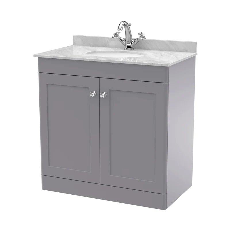 Nuie Classique 800mm Floor Standing 2 Door Vanity & Marble Top 1th Traditional Satin Grey MFC Painted Matt 814x820x463mm - CLC226GR1