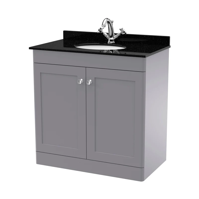 Nuie Classique 800mm Floor Standing 2 Door Vanity & Marble Top 1th Traditional Satin Grey MFC Painted Matt 814x820x463mm - CLC226BR1